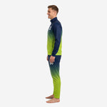 Custom navy and lime green soccer tracksuit right side view displaying ribbed cuffs, stand collar, and full sublimated gradient print