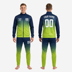 Custom navy and green soccer tracksuit 2-piece set back view showing player name and number placement across sublimated gradient print