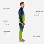 Custom navy and lime green soccer tracksuit tapered pants with thigh number print and gradient fade from navy waist to lime green ankle