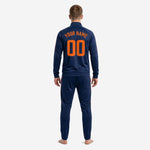 Custom Navy and Orange full zip soccer jacket detail showing stand collar, chest number, team logo print zone, and raglan sleeve construction