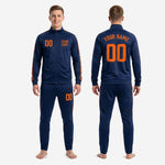 Custom Navy and Orange soccer tracksuit sleeve stripe closeup showing full-dye sublimated dash-stripe pattern bonded into polyester fabric