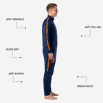 Custom Navy Blue orange tapered soccer track pants detail showing elastic waistband, drawcord, and sublimated orange outer seam stripe