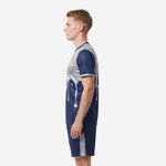 Blue and white soccer uniform right side view showing full-dye sublimation silver drip graphic and contrast trim detail
