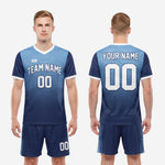 Full 2-piece custom men's soccer uniform set in Navy Blue and Sky Blue, jersey and matching shorts with personalized team name and player number
