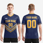 Full-body view of custom navy and Athletic Gold sublimated soccer jersey showing edge-to-edge print quality on 100 percent polyester