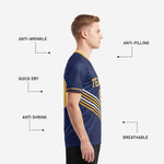 Back view of custom navy soccer team shirt with full-dye sublimation print and player name and number zones