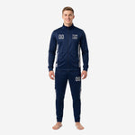 Men's custom navy soccer tracksuit full front view with marble silver side panels team logo and number on chest