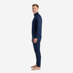 Right side view of custom navy soccer tracksuit on adult male model showing stand collar detail and slim athletic cut pants