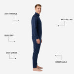Front detail of custom navy soccer tracksuit jacket showing chest number and team logo sublimated print zones in white