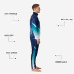 Custom navy blue soccer track pants with teal gradient stripe down outer leg, detail view