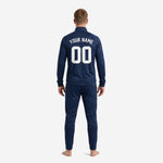 Close-up of stand collar and full zip on custom navy soccer tracksuit jacket with tone-on-tone hex dot sublimation print