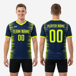 Custom navy soccer training jersey athletic fit on adult male model showing full-body neon yellow and navy sublimated design