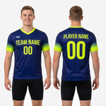 Custom navy and neon yellow gradient soccer training jersey back view showing player name and number