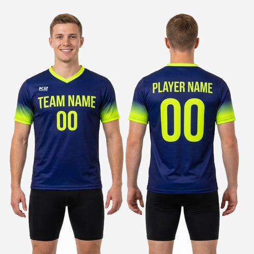 Custom navy and neon yellow gradient soccer training jersey back view showing player name and number