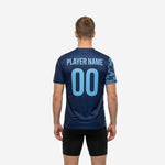 Back view of custom navy soccer training jersey with Sky Blue digital camo sleeves and sublimated player name and number