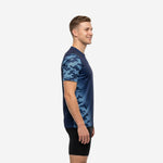 Chest print zone of custom navy soccer training jersey displaying sublimated team name and number in Sky Blue
