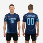 Front and back view of custom navy soccer training jersey with Sky Blue camo sleeves, team name, and player number print