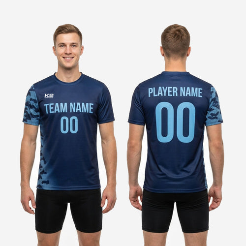 Front and back view of custom navy soccer training jersey with Sky Blue camo sleeves, team name, and player number print