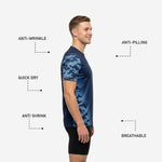 Side view of custom navy soccer training jersey showing anti-wrinkle, quick-dry, anti-pilling, and breathable fabric callouts