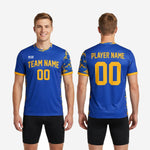 Full squad custom navy soccer training jerseys in Royal Blue and Athletic Gold displayed as matched teamwear set