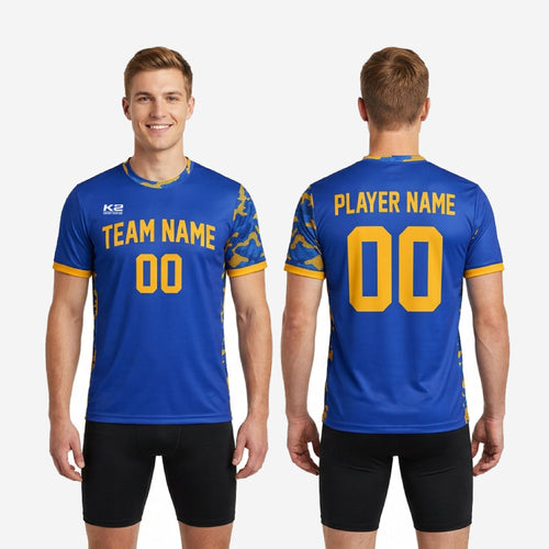 Full squad custom navy soccer training jerseys in Royal Blue and Athletic Gold displayed as matched teamwear set