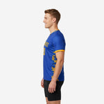 Custom navy soccer training jersey right side view showing Royal Blue body with Athletic Gold camo sublimated sleeve and side panel