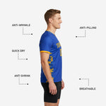 Back view of custom navy soccer training jersey showing player number and surname print zones in Athletic Gold on Royal Blue fabric