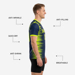 Custom navy soccer training jersey back panel with sublimated player name and number in neon yellow on navy polyester