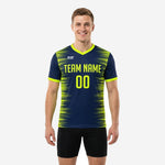 Custom navy soccer training jersey with neon yellow speed-line print and team name and number on chest, front view