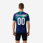 Custom navy blue aurora gradient training jersey back view showing player number and surname print zone