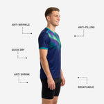 Close-up of teal V-neck contrast trim on custom navy blue aurora sublimated training jersey