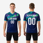 Teal contrast sleeve cuff detail on custom navy and teal full-dye sublimation soccer training top