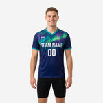 Custom navy blue and teal aurora gradient training top with team name and number printed on chest, front view on male model