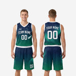 Size and specification sheet for custom navy blue and teal galaxy basketball uniform set, youth and adult sizes available