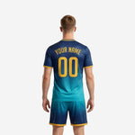 Custom navy teal soccer uniform men jersey detail showing V-neck collar and Athletic Gold trim cuffs