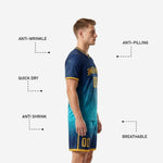 Custom soccer uniform shorts detail showing teal to navy gradient and Athletic Gold hem trim