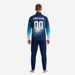 Custom navy and teal soccer tracksuit jacket with full-dye sublimation gradient print, chest detail