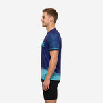 Adult mens custom navy soccer training jersey side view showing full gradient from navy chest to cyan hem