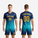Custom navy teal gradient soccer uniform men back view showing back number and surname print zones