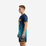 Men's custom soccer uniform side view right showing full gradient kit and gold fleck sublimation detail