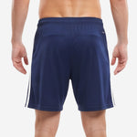 Custom navy and white soccer shorts athletic fit detail showing full-dye sublimation stripe and elastic waistband