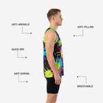 Back view of custom neon basketball jersey with player name and back number printed over full black and neon splash sublimation design