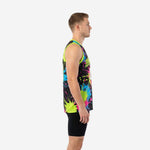 Front view of custom neon basketball jersey showing bold arched team name across chest and large front number on black and neon green splash background