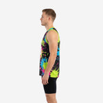 Left side view of men's custom neon basketball jersey showing continuous paint-splash sublimation pattern across side panels and neon green armhole binding