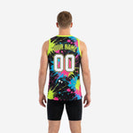 Right side view of custom neon basketball jersey displaying full-body splash print and V-neck neon green trim against black polyester shell