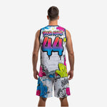 Back view of custom basketball jersey and shorts set graffiti white showing back number and player name sublimated into all-over graffiti pattern