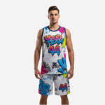 Custom neon basketball uniforms graffiti white all-over street-art pattern crew neck jersey and matching shorts full set front view