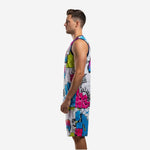 Second side view of neon basketball uniforms graffiti white set showing electric blue and neon yellow-green graffiti artwork on shorts and jersey