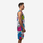 Side view of custom printed basketball uniforms graffiti white mesh jersey and shorts showing continuous all-over pattern on adult male model