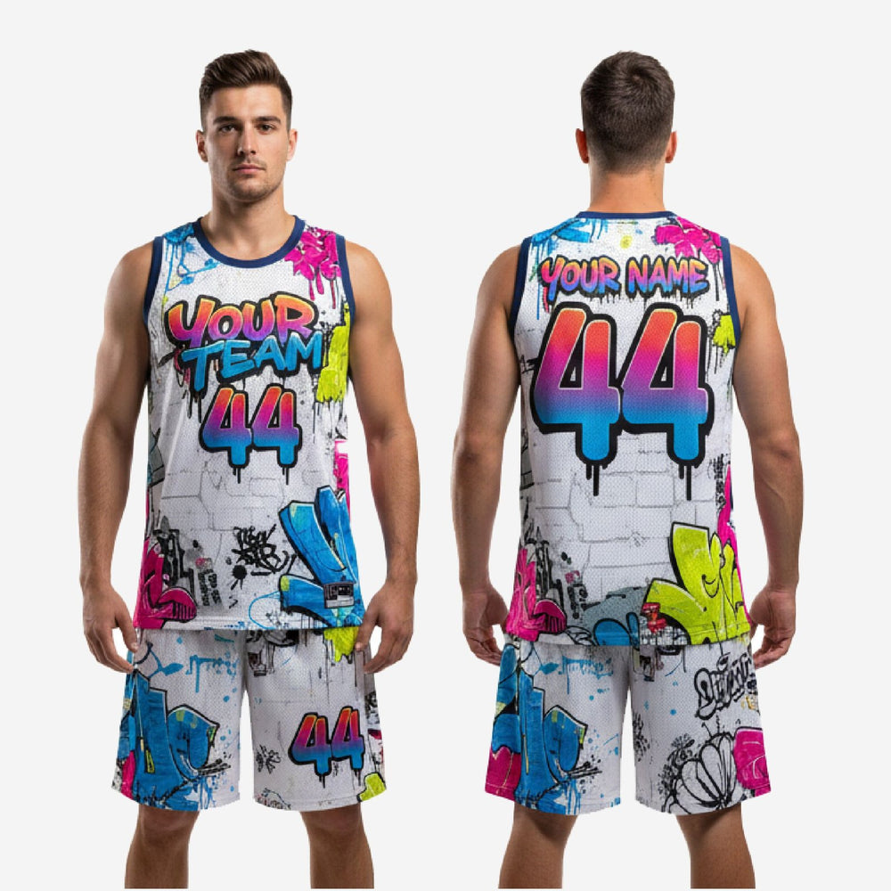 Custom Neon Basketball Uniforms - Graffiti White Team Order Set